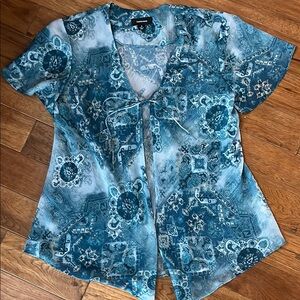 R&M Richards Teal Blue Patterned Tie-Front Women’s Blouse
